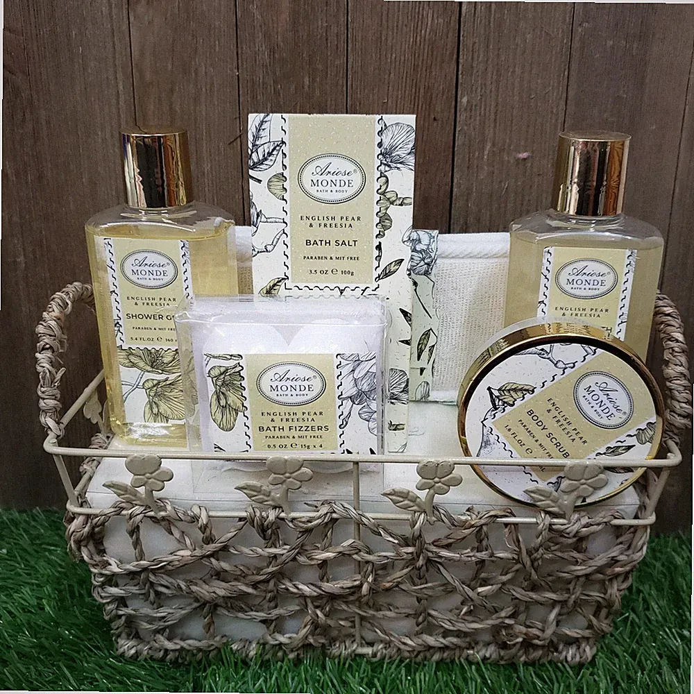 Ariose Monde Bath & Shower Spa 6 PIECE Gift Basket Set - ENGLISH PEAR & FREESIA