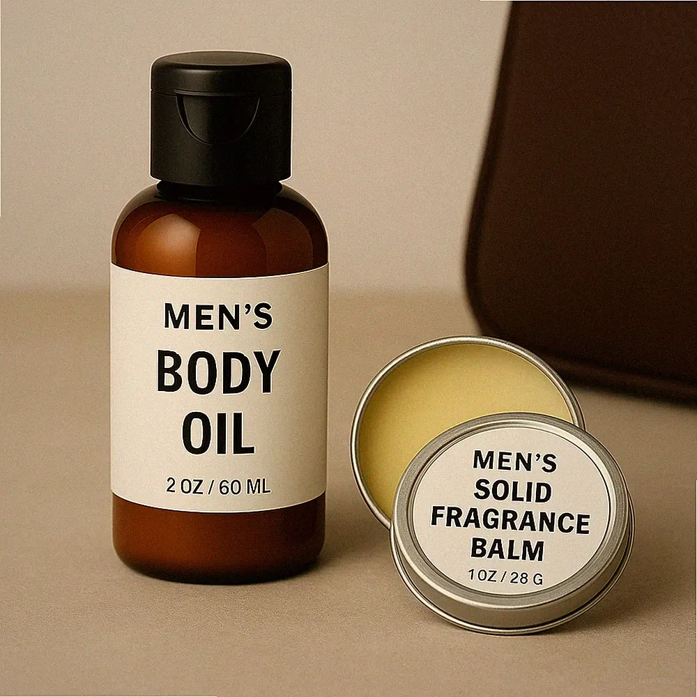 Men’s Bath Body Oil & Solid Fragrance Balm Set, Rich Masculine Set, Everyday Use